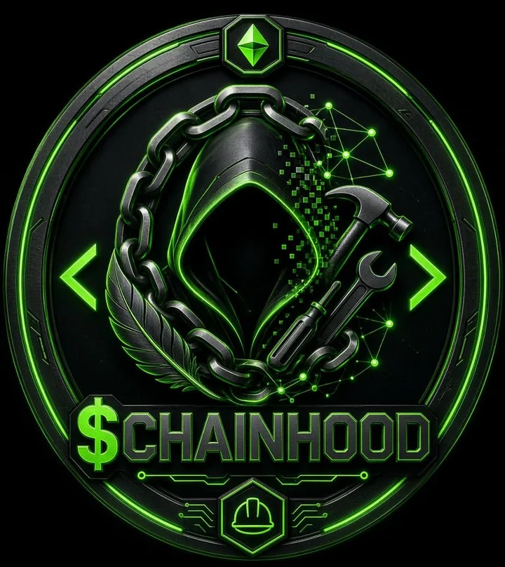 The $CHAINHOOD coin: a hooded figure wrapped in a chain, with a hammer and a wrench