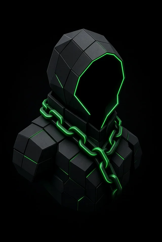 A faceless hooded figure made of black stone blocks, with a glowing green chain across its chest